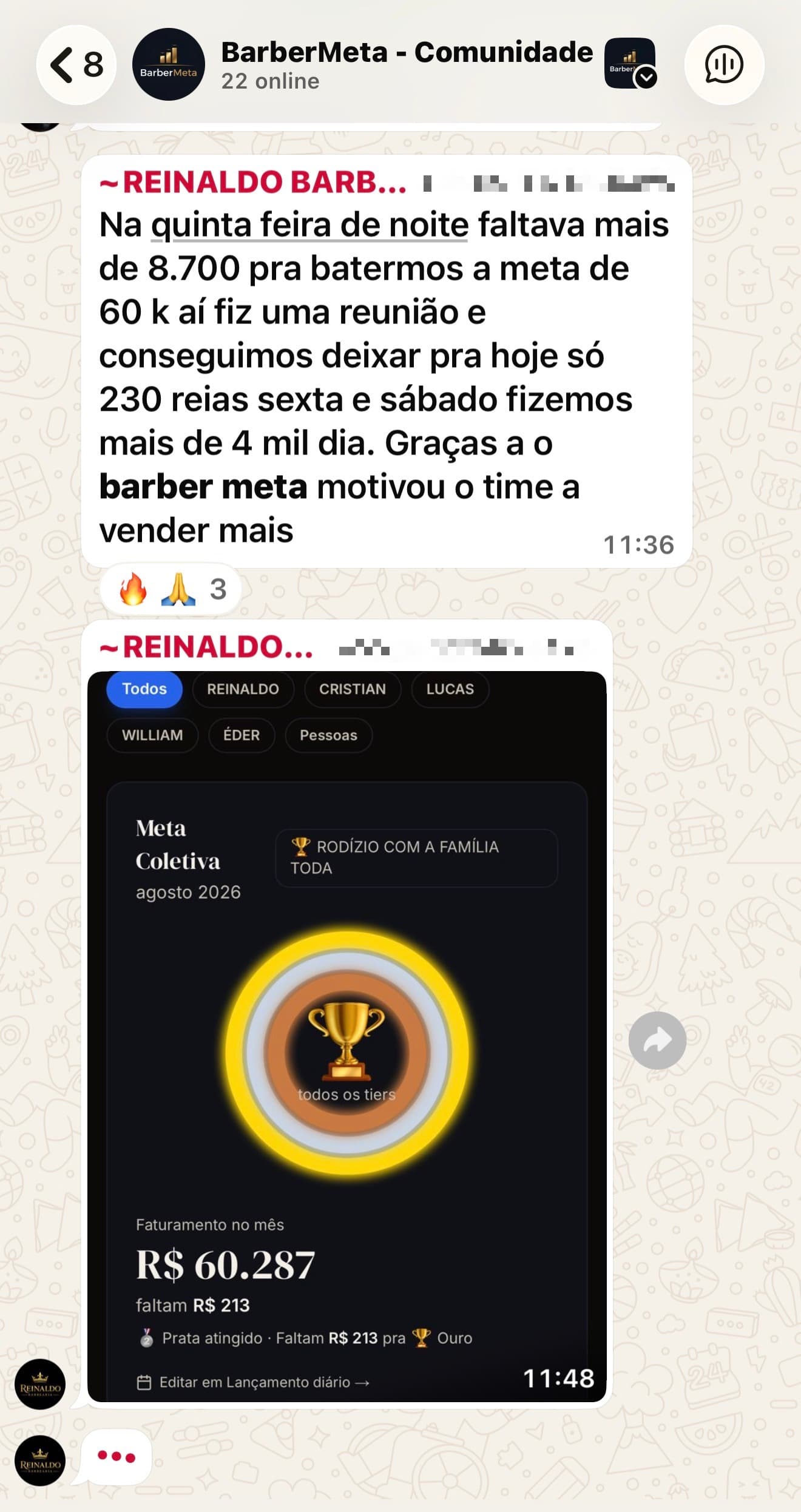 Print da meta coletiva batida: R$ 60.287 no mês, com todos os tiers atingidos