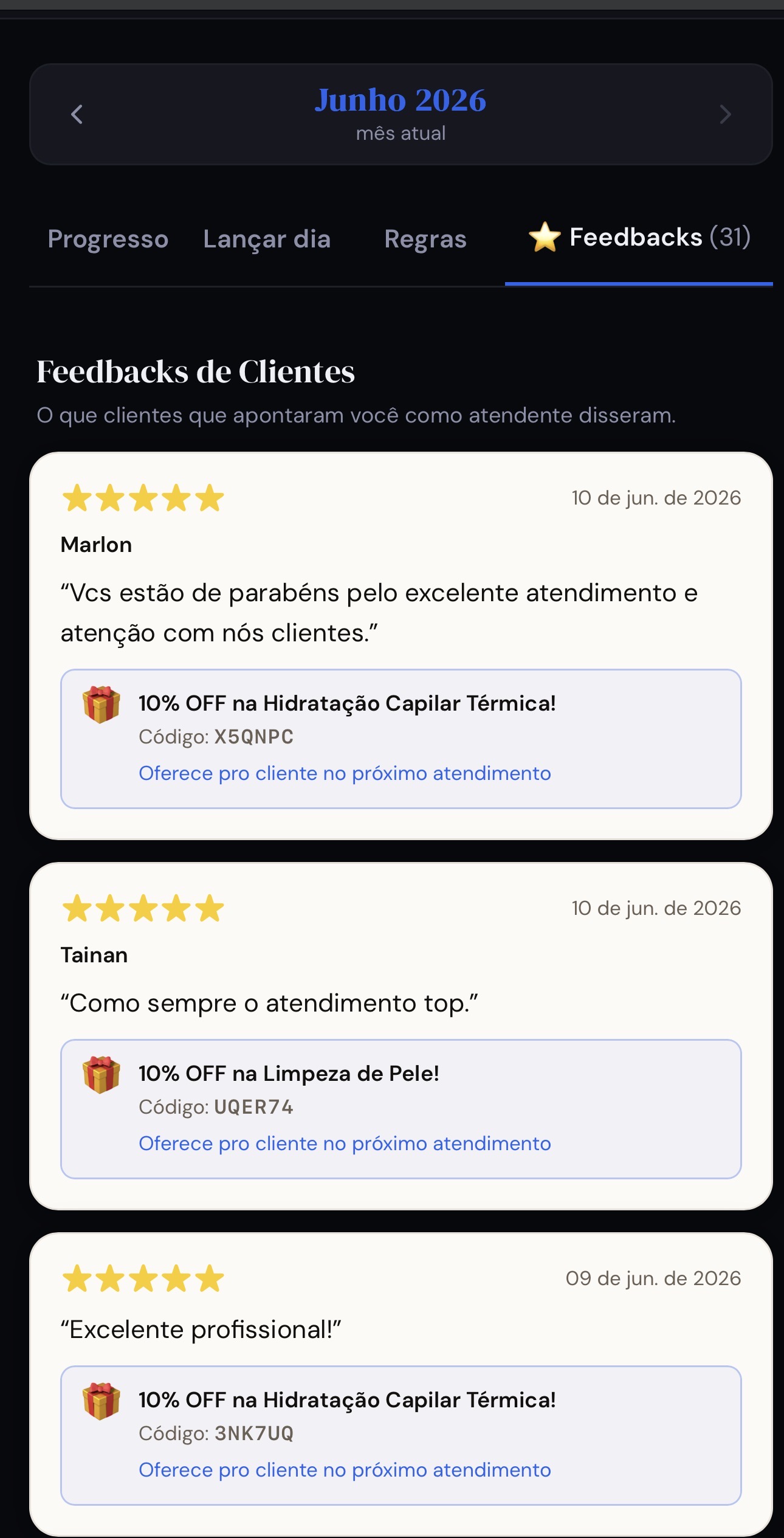 Tela do barbeiro mostrando o brinde do cliente