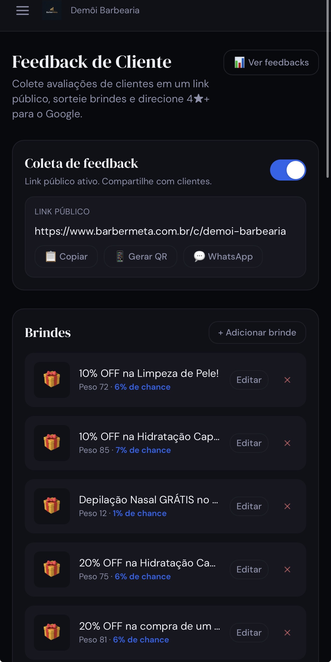 Tela de configuração do feedback de cliente
