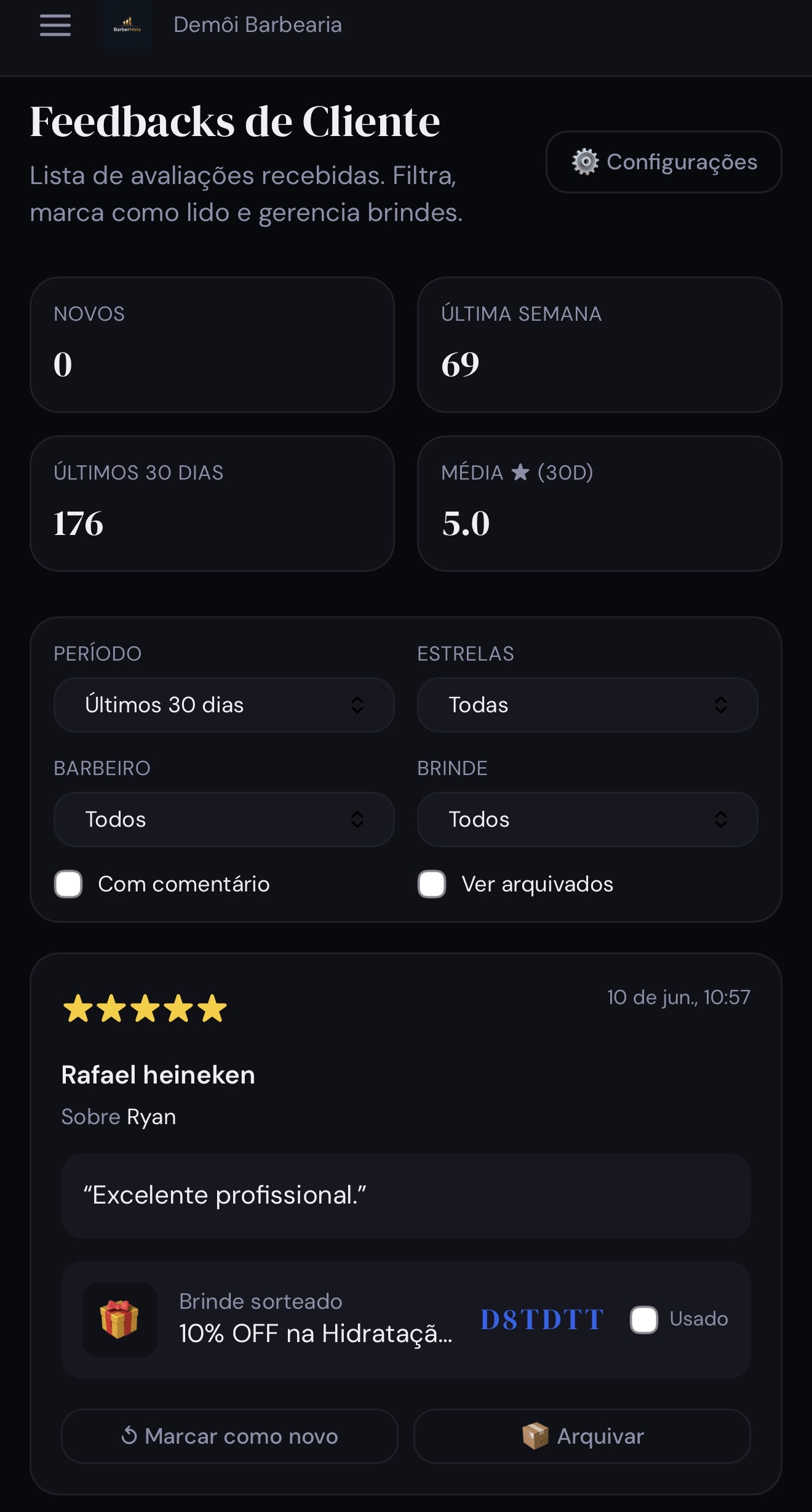 Painel do dono com feedbacks recebidos