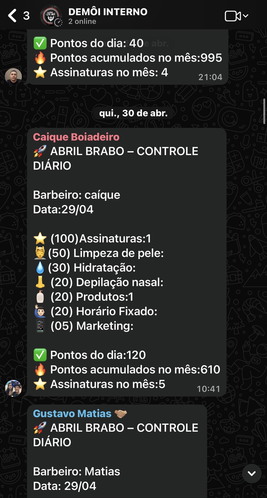 Grupo do WhatsApp com mensagens manuais de controle diário dos barbeiros