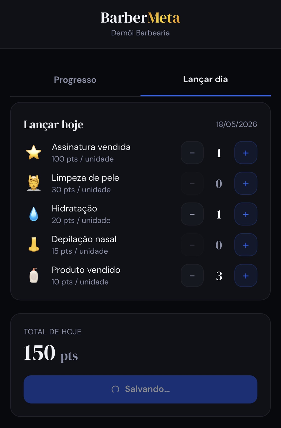 Tela do BarberMeta pra lançar serviços do dia com botões + e -